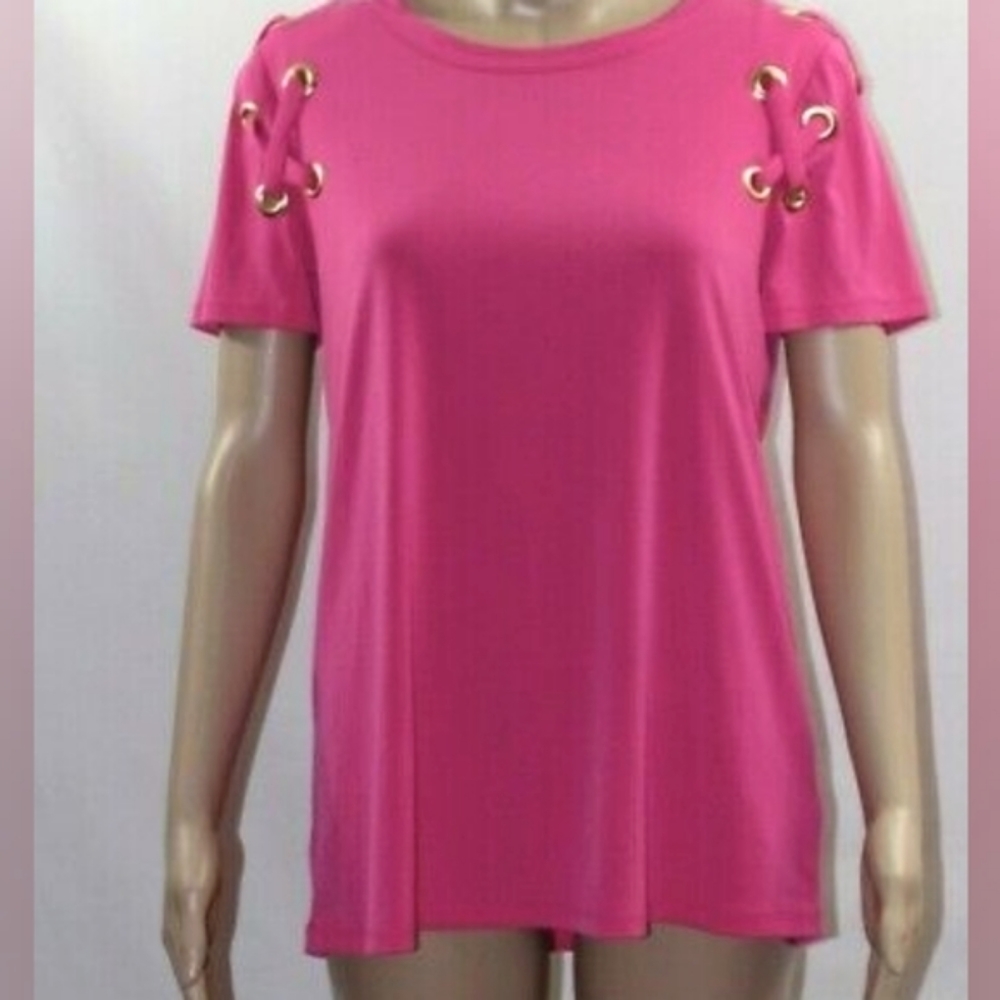 Michael Kors Pink Blouse Grommets Lace Up Shoulders Short Sleeves Stretch Size S